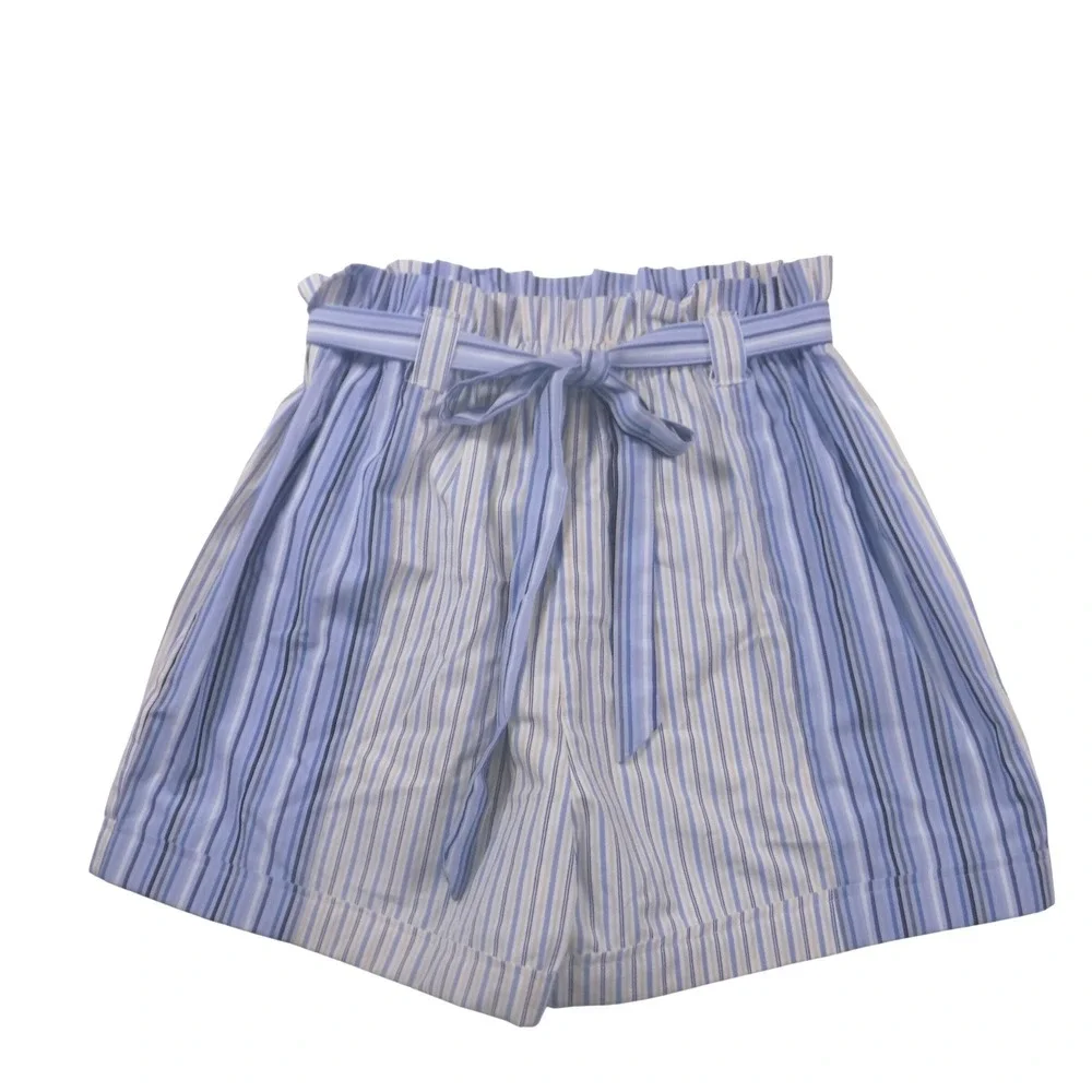 Caryn Jeffery Blue Striped Paperbag Waist Shorts High Rise Tie Belt Womens